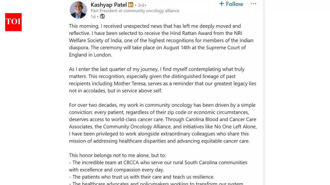 Who is Kashyap Patel? Indian-origin doctor wins prestigious NRI award Hind Rattan for transforming cancer care