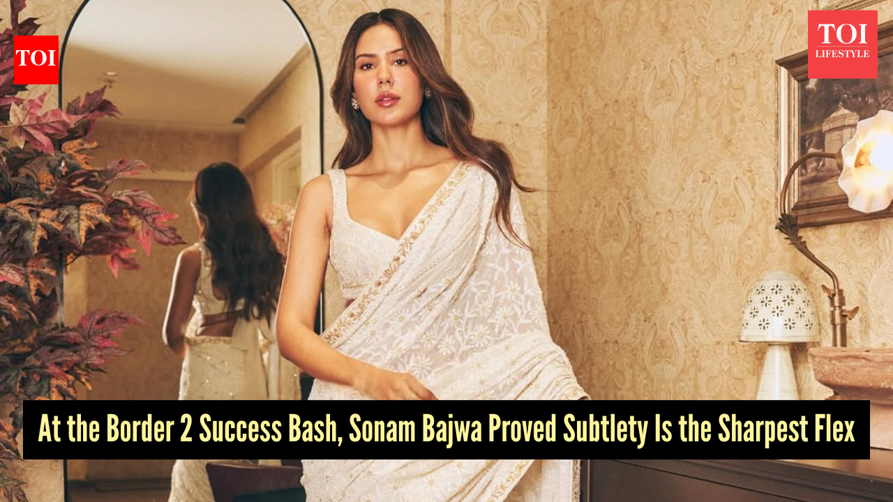 Sonam Bajwa dips in a sea of sequins in this ivory Chikankari saree, hijacking the ‘Border 2’ celebrations