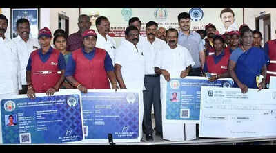 Sanitation workers receive welfare benefits in Karaikudi