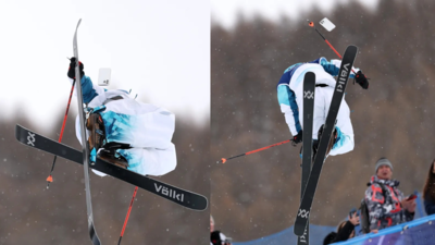  Sheng Haipeng suffers wardrobe malfunction as mobile phone falls midair during freeski halfpipe qualification