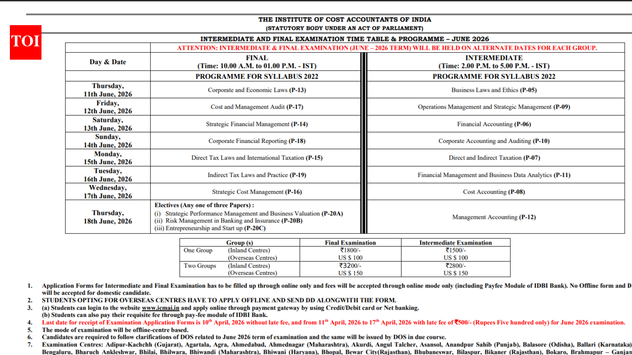 आईसीएमएआई सीएमए जून परीक्षा कार्यक्रम 2026 जारी: विवरण यहां देखें