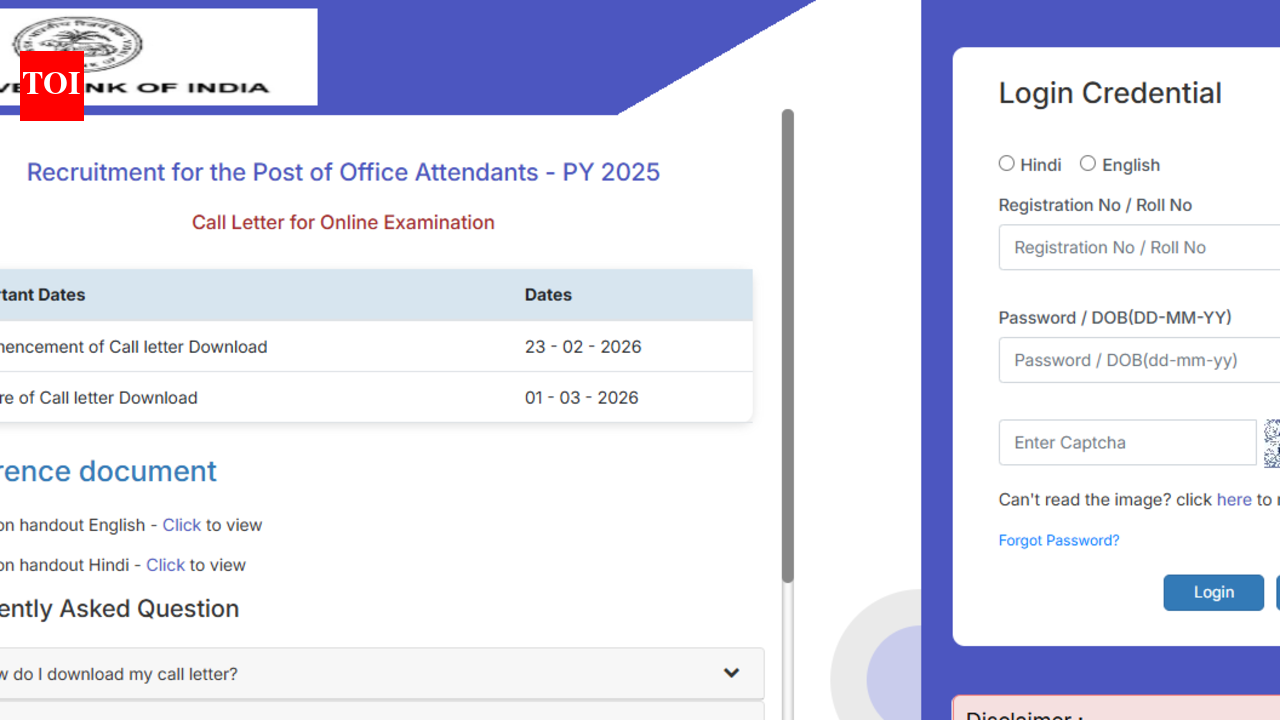 RBI Office Attendant admit card 2026 released: Direct link to download call letter here