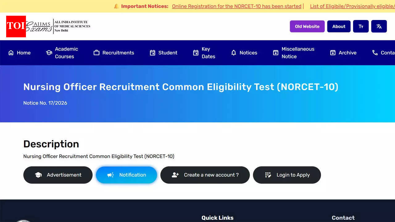 AIIMS NORCET 10 registrations for Nursing Officer posts begins at aiimsexams.ac.in