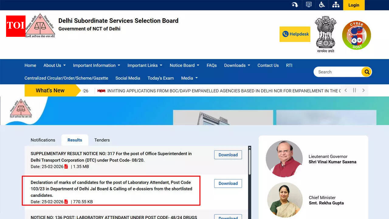 DSSSB releases Tier I results for Laboratory Attendant, invites e-dossiers for Delhi Jal Board posts