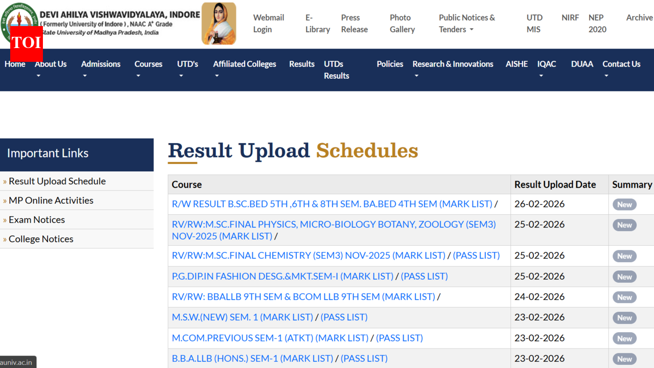DAVV result 2026 for various undergraduate and postgraduate courses released at dauniv.ac.in: Direct link to download here