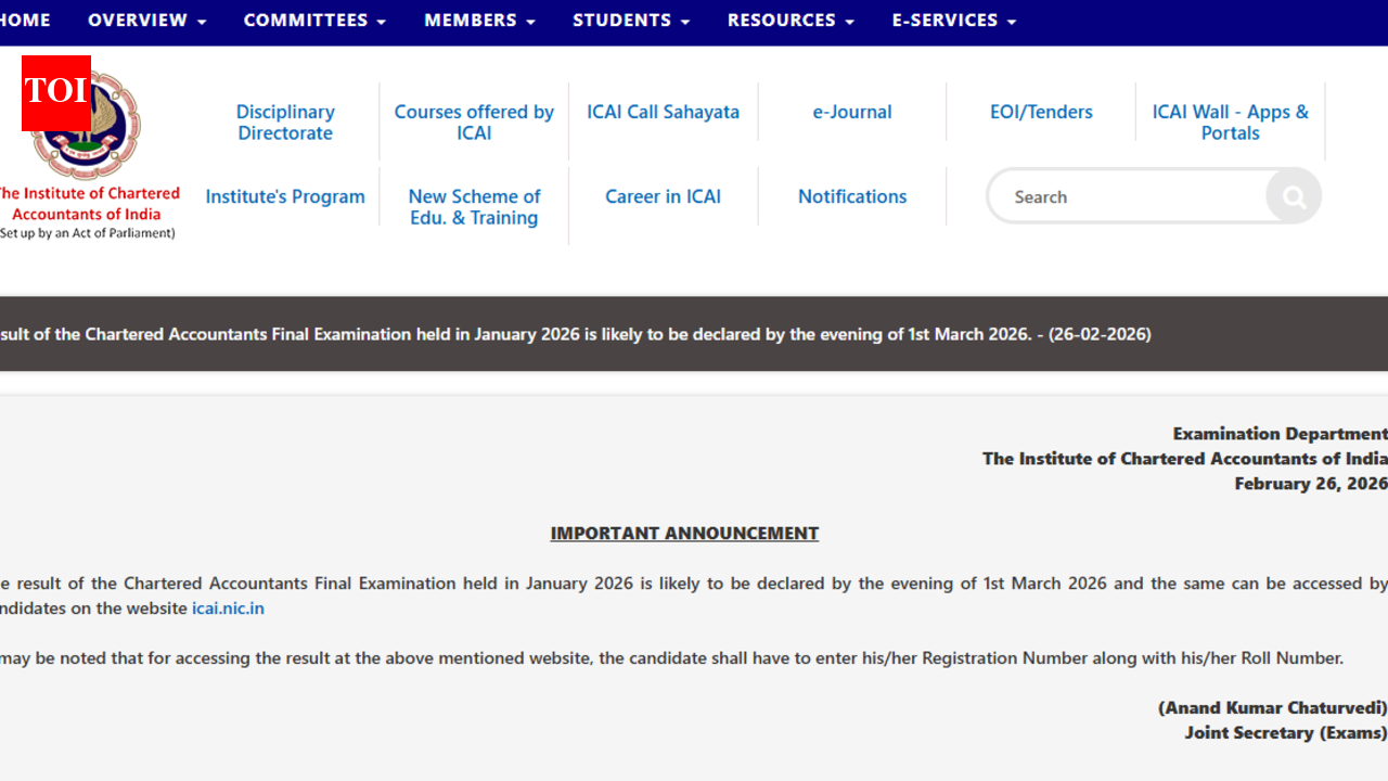 ICAI CA Final result 2026 to be released tomorrow: Check when and where to download scorecards