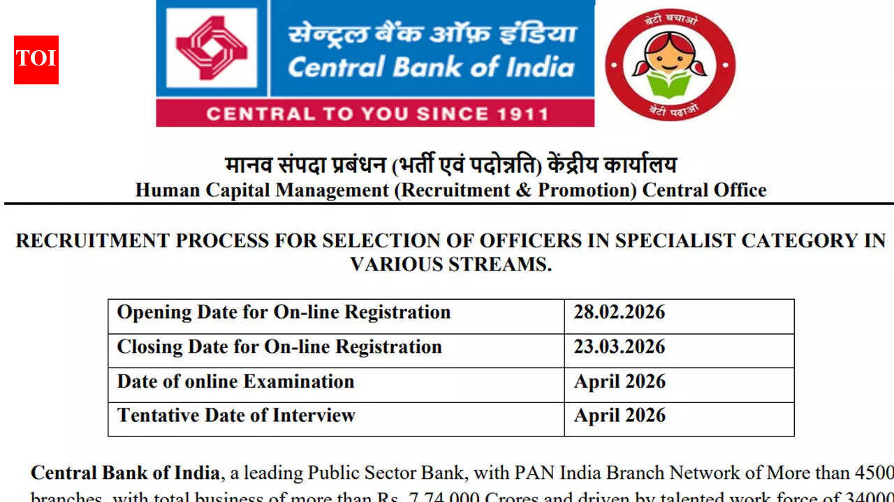 Central Bank of India announces 275 SO vacancies, online applications open until March 23; apply here