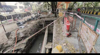 Open pit from damaged storm drain, sewer line poses risk at Bharat Nagar Sq