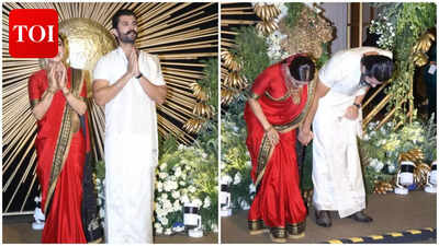 Rashmika Mandanna and Vijay Deverakonda glow with joy at Hyderabad reception, newlyweds seek blessings with humble namaste