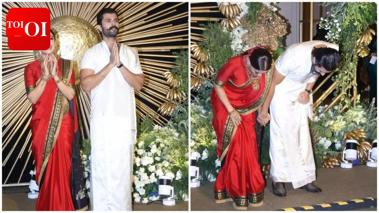 Rashmika Mandanna and Vijay Deverakonda glow with joy at Hyderabad reception, newlyweds seek blessings with humble namaste