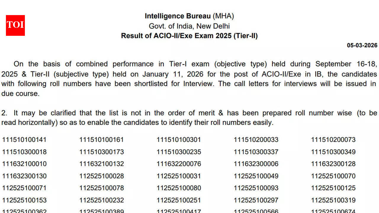 IB ACIO Tier 2 result 2026 released at mha.gov.in; download PDF here