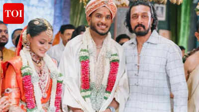 Kichcha Sudeep joins celebrations at cricketer Vyshak Vijaykumar’s wedding in Bengaluru