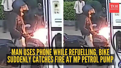 Man uses phone while refuelling, bike suddenly catches fire at MP petrol pump; CCTV footage goes viral
