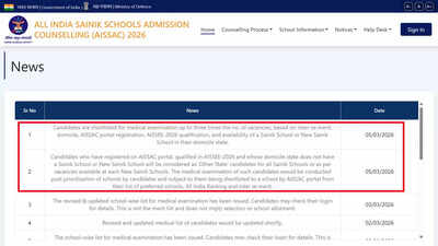 Sainik School e-counselling merit list 2026: Candidates shortlisted for medical examination