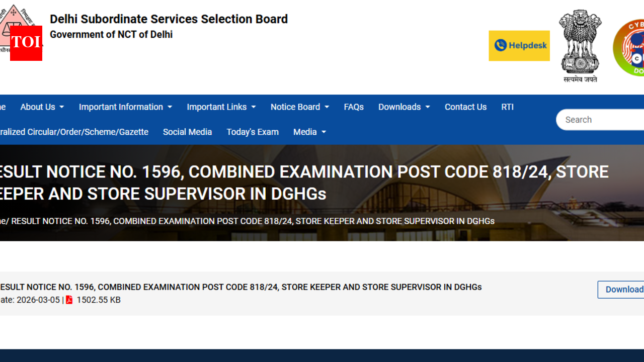 DSSSB result 2026 declared for Store Keeper, Store Supervisor posts: Direct link here