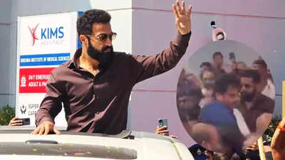 Jr NTR’s visit at KIMS Hospitals sparks chaos, fans gather in large numbers, mob the actor, break escalator