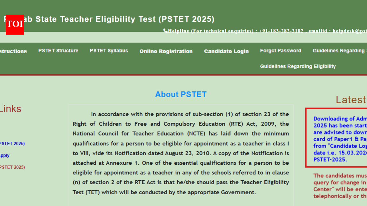 PSTET admit card 2026 released for Paper 1, 2 at pstet2025.org: Direct link to download hall ticket here