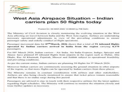 West Asia airspace update, March 9, 2026: Indian carriers plan 50 flights amid ongoing regional disruptions