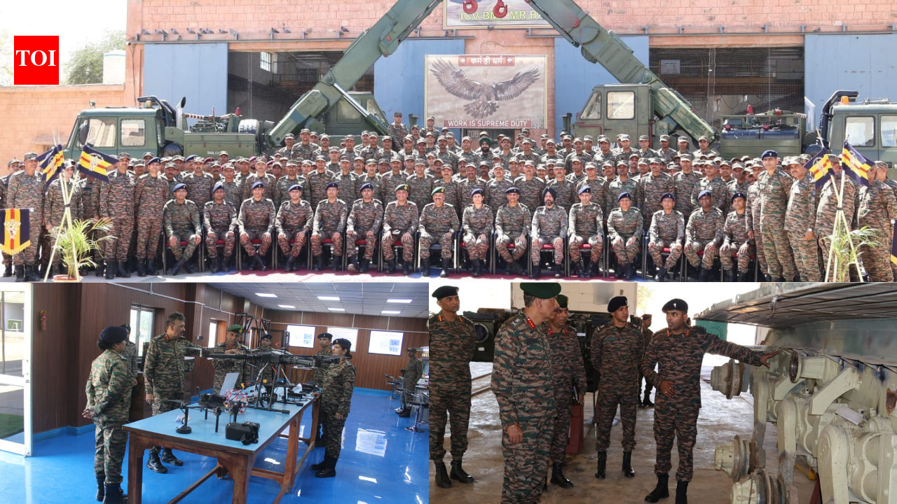 Lt Gen Rajiv K. Sahni inspecting military equipment and innovative technology with Indian Army personnel in the Rajasthan desert.