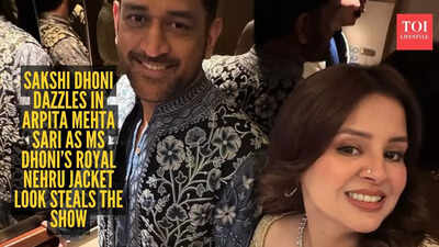 Sakshi Dhoni stuns in ₹1.22 lakh organza saree while MS Dhoni looks dapper in embroidered Nehru jacket at Mumbai wedding