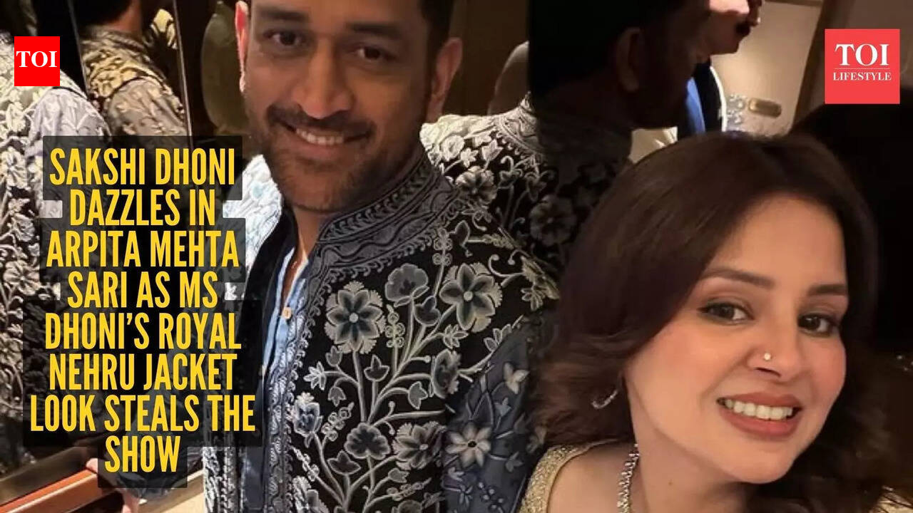 Sakshi Dhoni stuns in ₹1.22 lakh organza saree while MS Dhoni looks dapper in embroidered Nehru jacket at Mumbai wedding