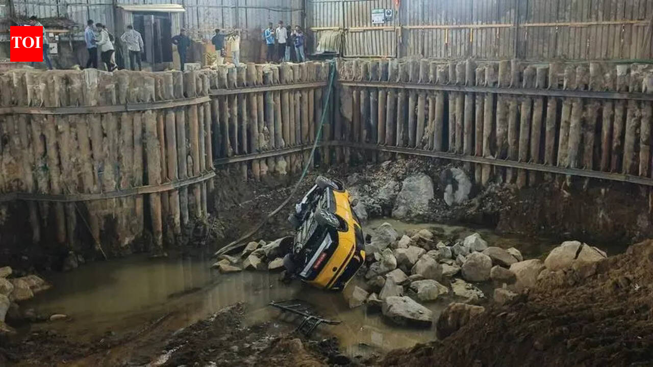 Test drive SUV crashes into auto, 2 bikes &amp; plunges into construction pit, 3 hurt