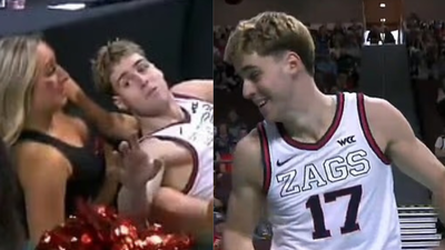 Mario Saint Supery turns wild loose ball chase into viral moment after Gonzaga guard crashes courtside and lands in cheerleader’s lap