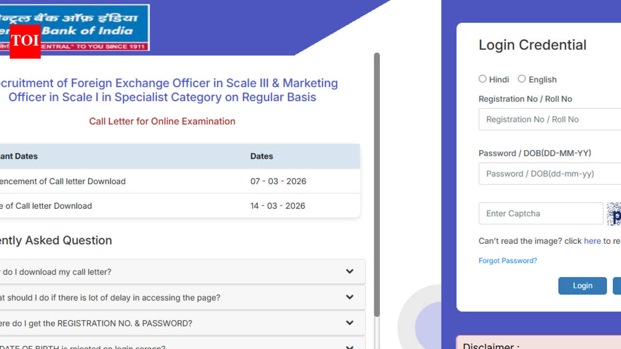 Central Bank of India SO admit card 2026 released for Marketing, Foreign Exchange Officers: Direct link to download hall ticket here