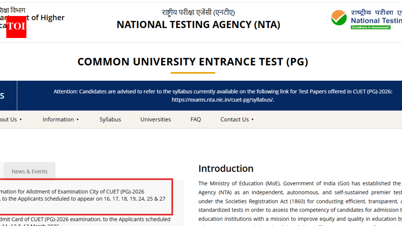 CUET PG 2026 city intimation slip released for March 16-27 exams at exams.nta.nic.in: Direct link here