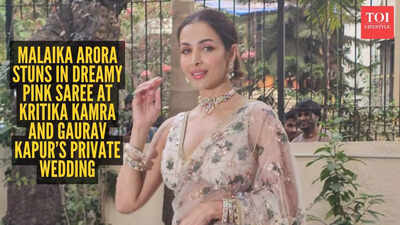Malaika Arora turns heads in ₹2.79 lakh pink saree at Kritika Kamra–Gaurav Kapur’s intimate wedding