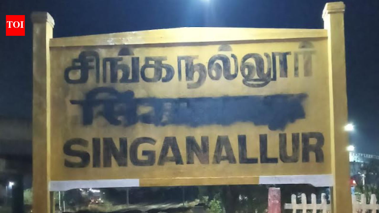 Activists blacken Hindi words on signboards at Coimbatore’s Singanallur railway station