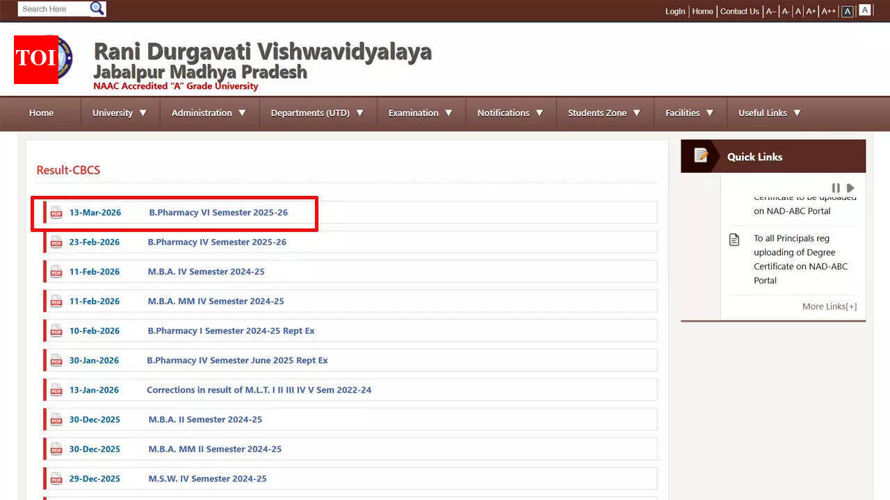 RDVV B. Pharmacy VI semester result 2026 out at rdunijbpin.org; download PDF here
