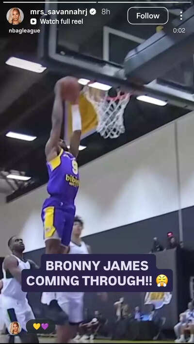 LeBron James’ wife Savannah James shares a proud mom moment after Bronny James’ powerful driving dunk against the Iowa Wolves goes viral
