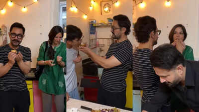 Aamir Khan cuts his birthday cake with girlfriend Gauri Spratt, kids Azad Rao, Ira and Junaid Khan, Irfan Pathan shares inside VIDEO