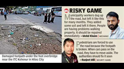 Hitec City footpath in state of disrepair for months, forces pedestrians on to busy roads