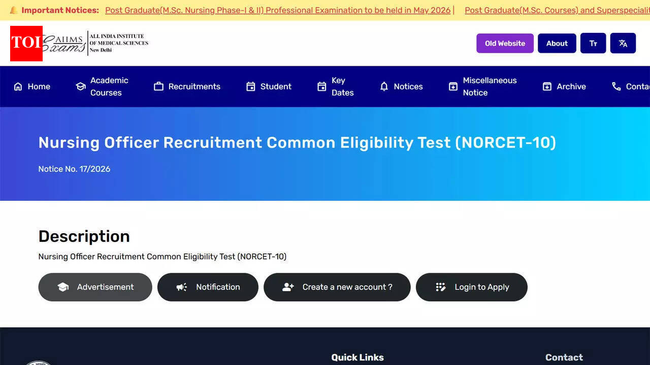 AIIMS NORCET 10 application closes today for 2551 Nursing Officer posts at aiimsexams.ac.in
