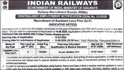 RRB CEN 01/2026 ALP recruitment short notice for 11,127 vacancies released, applications to open from May 15