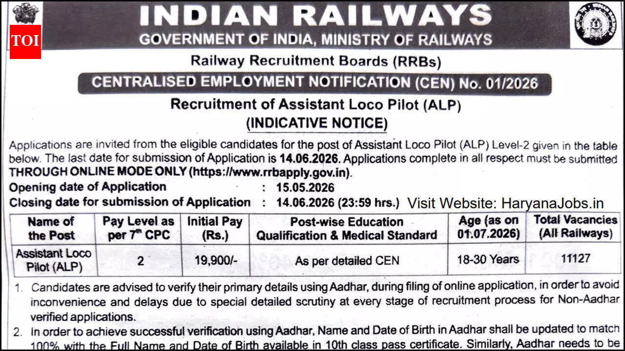 RRB CEN 01/2026 ALP recruitment short notice for 11,127 vacancies released, applications to open from May 15