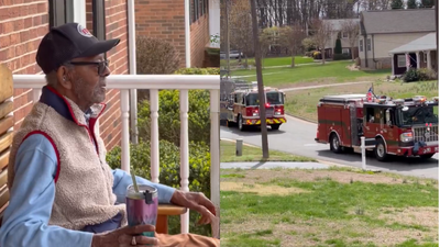  104-year-old city’s first Black firefighter honoured with surprise parade of fire trucks outside his home