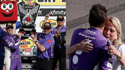 Denny Hamlin breaks down after emotional Pennzoil 400 win months after father Dennis Hamlin died in tragic house fire
