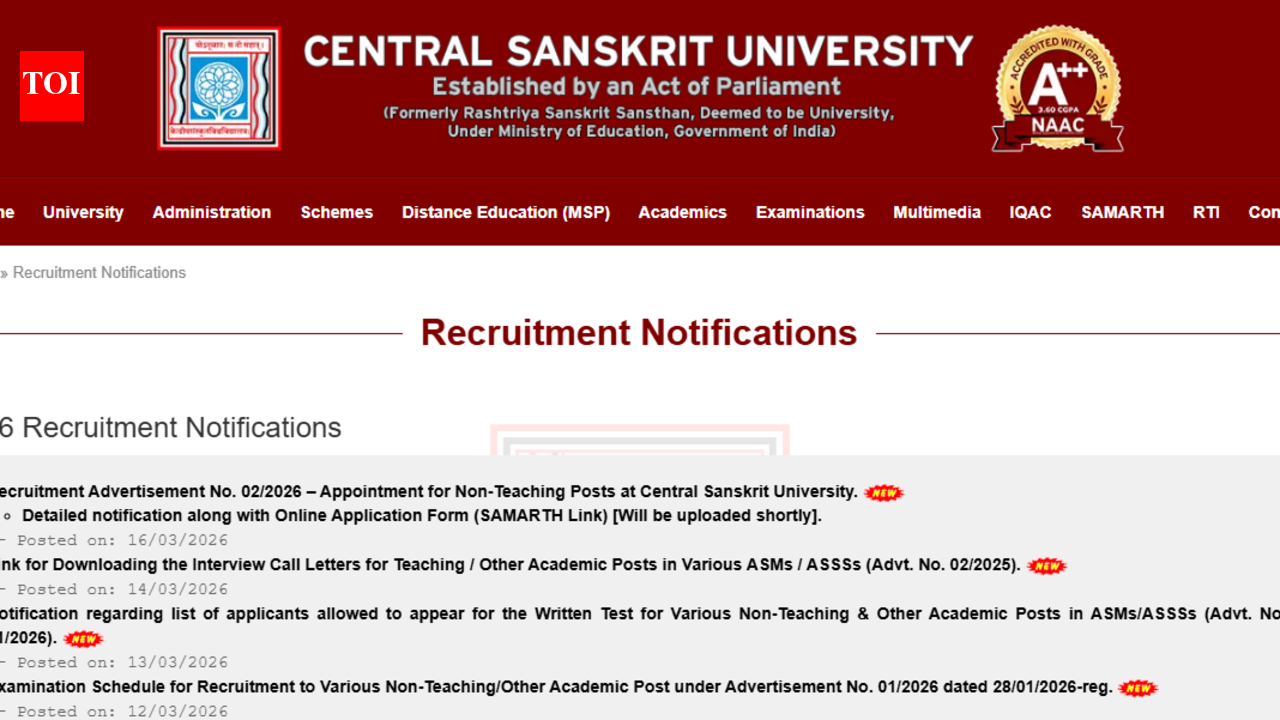 Central Sanskrit University recruitment 2026: Apply online for 144 non-teaching posts, direct link here