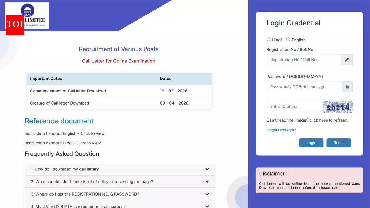 MOIL releases call letters for Graduate and Management Trainee April 3 exam at moil.nic.in; download here