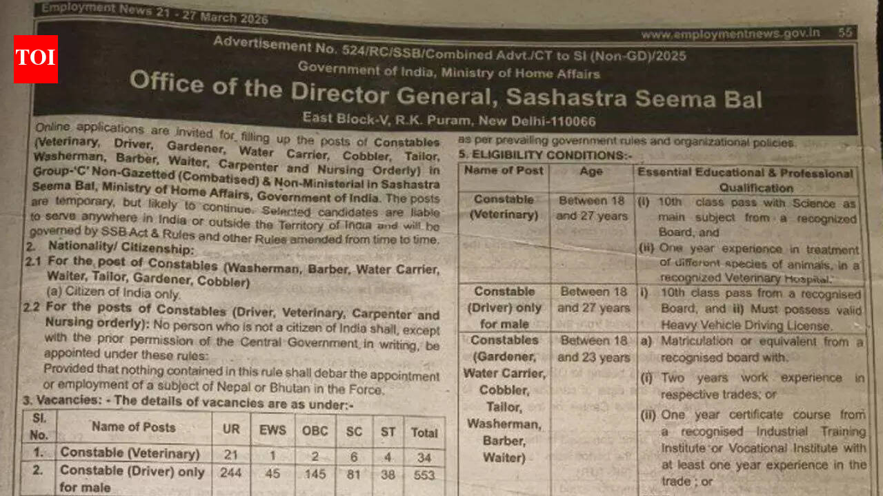 SSB recruitment 2026 offers 1060 CAPF posts, applications begin March 21 and close April 20; check details here