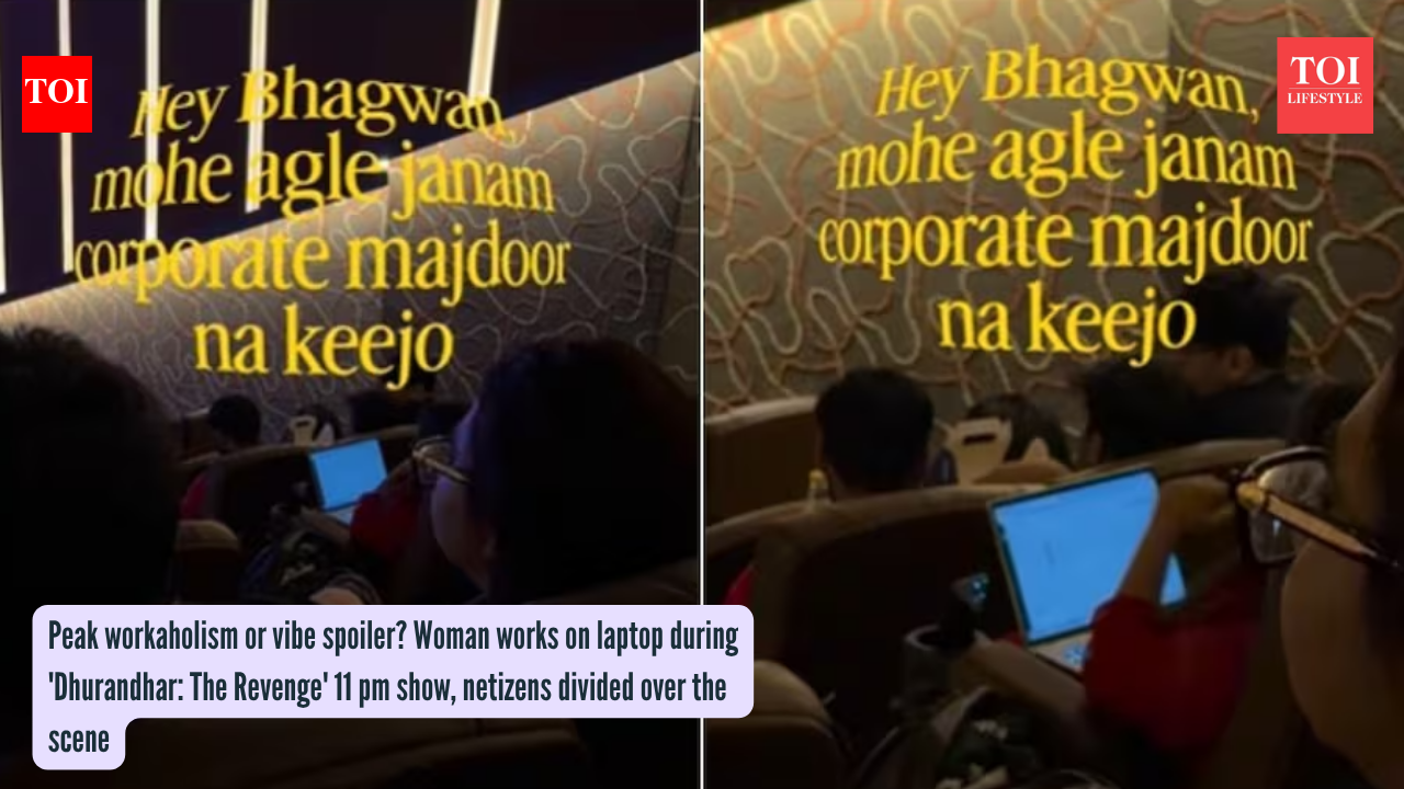 Peak workaholism or vibe spoiler? Woman works on laptop during 'Dhurandhar: The Revenge' 11 pm show, netizens divided over the scene
