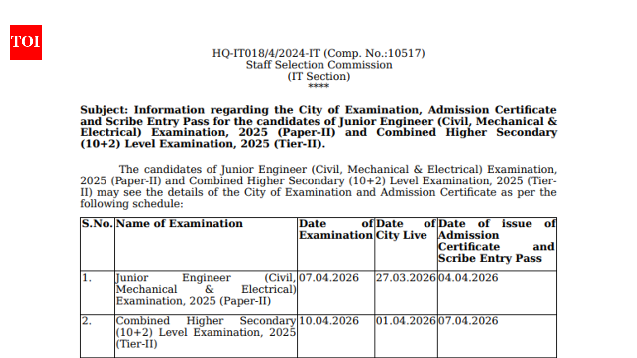एसएससी ने जेई, सीएचएसएल टियर 2 परीक्षा सिटी स्लिप और एडमिट कार्ड 2026 की तारीखें जारी कीं; विवरण यहां जांचें
