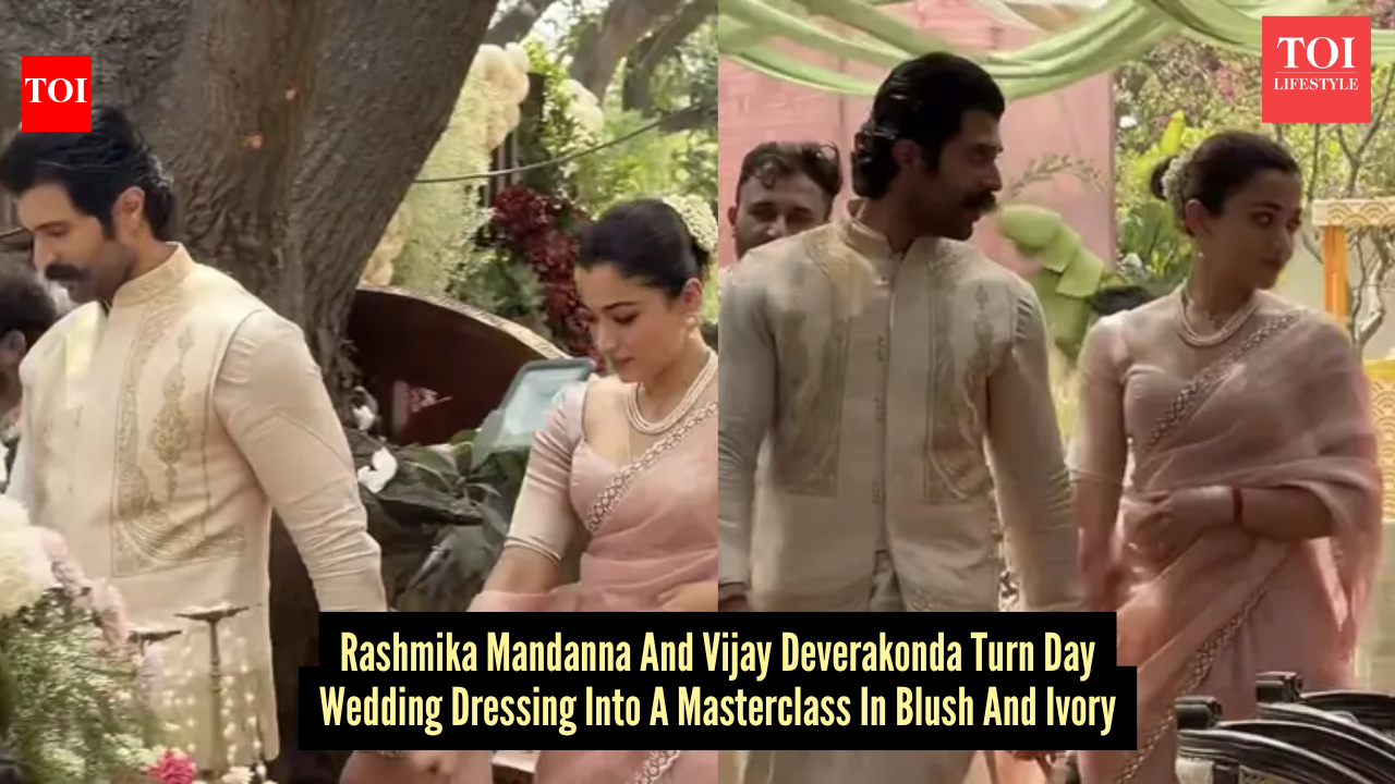 Rashmika Mandanna and Vijay Deverakonda serve daytime wedding goals in stunning blush-ivory looks