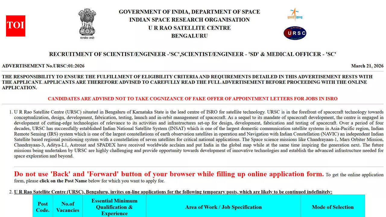 ISRO URSC recruitment 2026: Applications underway for scientist engineer and medical officer posts; check details here