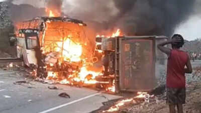 At least 10 dead, 20 injured after private bus collides with lorry, bursts into flames in Andhra Pradesh