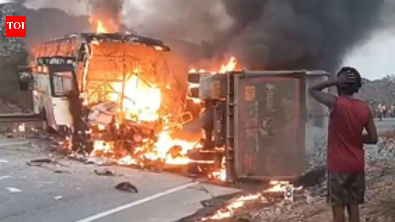 At least 10 dead, 20 injured after private bus collides with lorry, bursts into flames in Andhra Pradesh