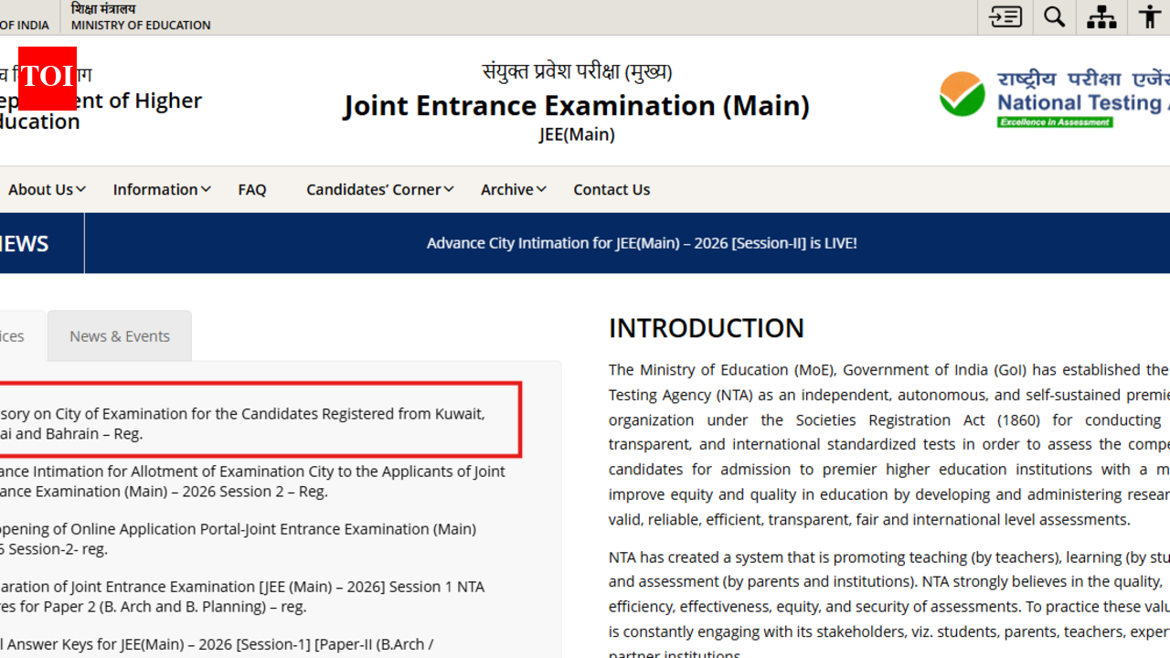 JEE Main 2026 Session 2 city intimation slip released for Kuwait, Dubai; NTA coordinating for Bahrain: Direct link here